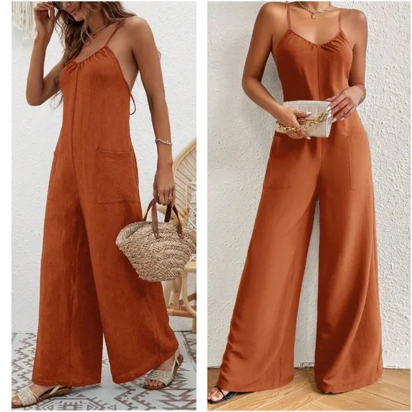 Solid Criss cross Tie Pockets Wide leg Jumpsuit - Picture 4 of 4
